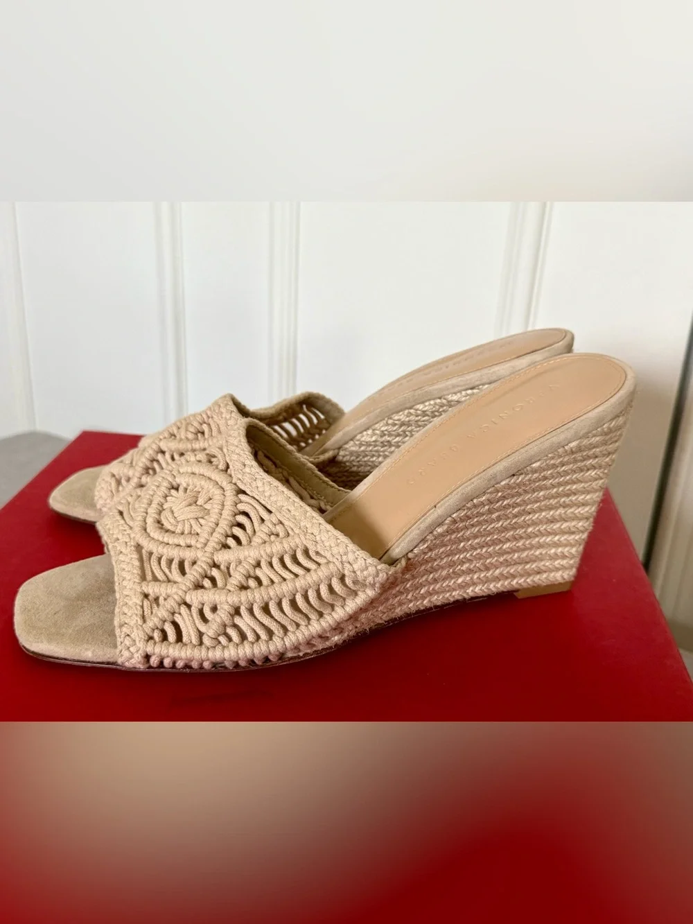 NEW Veronica Beard Natural Crochet Espadrille Wedge Mules Sz 9